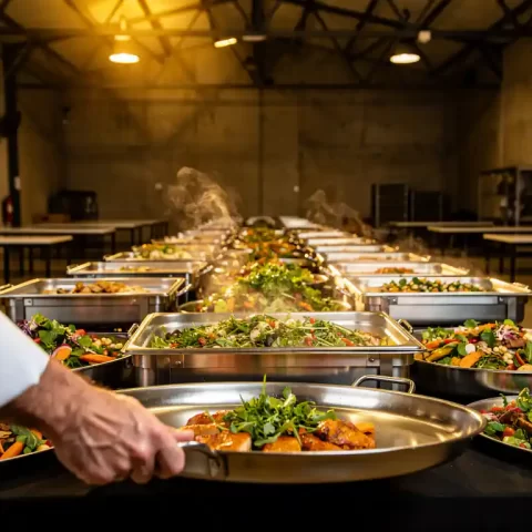 Cateraar schikt grote serveerschaal op buffettafel vol warme maaltijdcontainers in industriële werkplaatskantine.