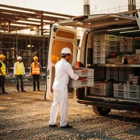 Cateringbus met geïsoleerde maaltijdkratten die bij zonsopgang worden uitgeladen op een drukke bouwplaats, arbeiders met helmen op de achtergrond.