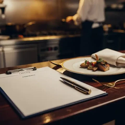 Cateringcontract op gepolijste houten tafel naast elegant opgemaakt bord en gevouwen linnen servet, pen op papieren, warme keuken op achtergrond.