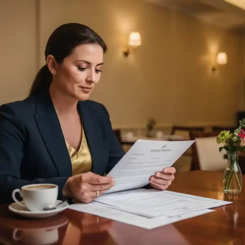 Cateringmanager bekijkt een gedrukt contract op een gepolijste restauranttafel, met koffie en verse bloemen, warm sfeervol licht.