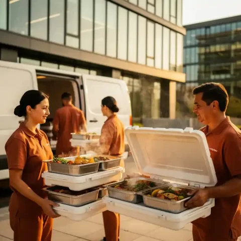 Cateringteam laadt warme maaltijden uit bezorgbus bij modern kantoorgebouw, met gestapelde geïsoleerde containers in middaglicht.