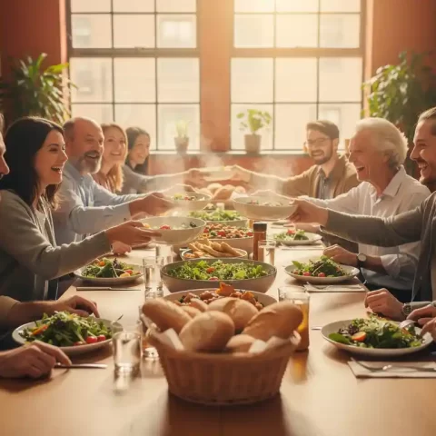 Collega's lachen en delen gerechten aan een lange eettafel in een lichte bedrijfskantine met verse salades en brood.