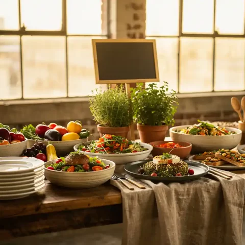 Duurzame bedrijfslunch met seizoensgroenten, volkoren gerechten en plantaardige opties op een houten buffettafel met keramische borden en bamboe bestek.