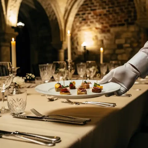 Witte handschoen serveert elegante amuse op kaarslicht banquettafel in historische stenen zaal met gewelfde plafonds en kristallen glaswerk.