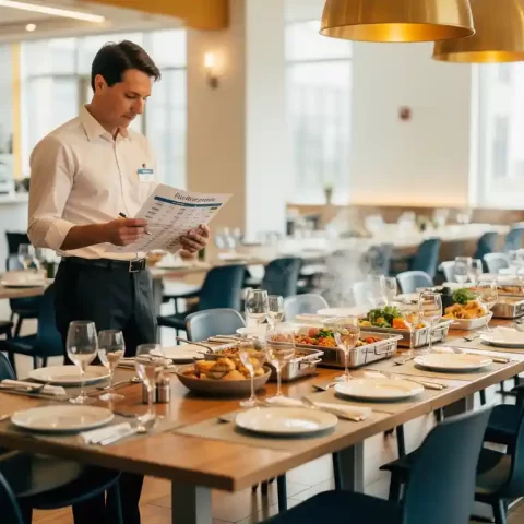Cateringmanager bekijkt personeelsrooster naast een bufettafel met gevulde en lege plekken in een moderne bedrijfskantine.