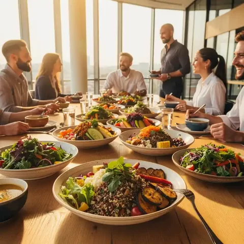 Collega's die samen lunchen aan een houten tafel in een lichte bedrijfskantine met graanbowls, salades en soepen.