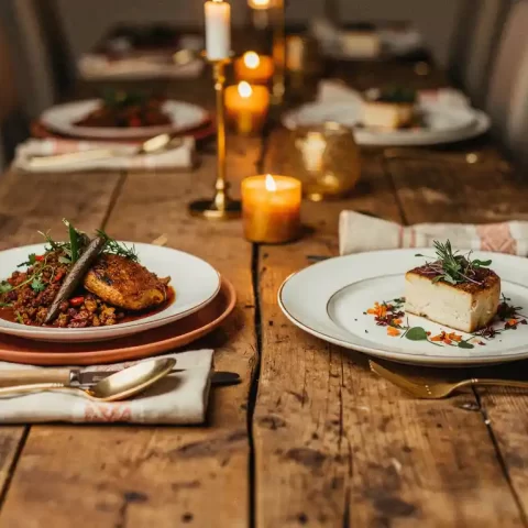 Gedeelde eettafel met halal- en kosjere borden op wit porselein, verlicht door kaarslicht op rustiek hout.