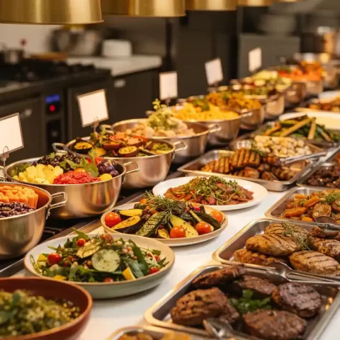 Catering buffettafel met kleurrijke mezze, gegrilde groenten en gelabelde schalen voor halal-, vegetarische en kosjere diëten.