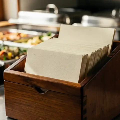 Houten suggestiebus vol gevouwen feedbackkaarten op een cateringkeuken aanrecht, met maaltijdbladen en roestvrijstalen schalen op de achtergrond.