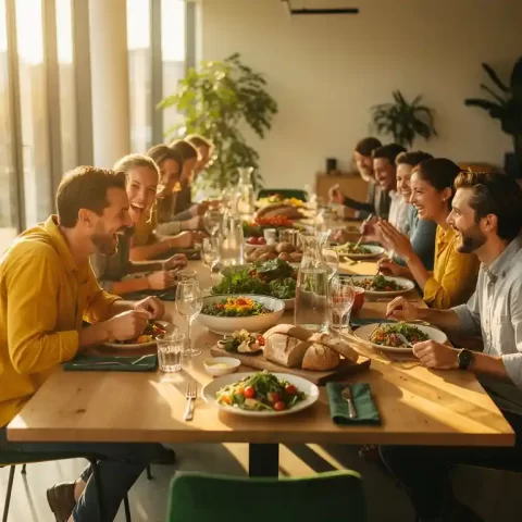 Collega's delen een gezamenlijke lunch aan een lange tafel in een licht modern kantoor met grote ramen en warme houttinten.