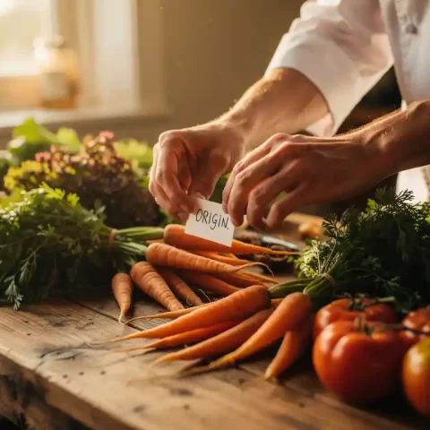 Chefkok plaatst handgeschreven herkomstlabel naast verse lokale groenten op rustieke houten tafel, met wortels, kruiden en heirloom tomaten.