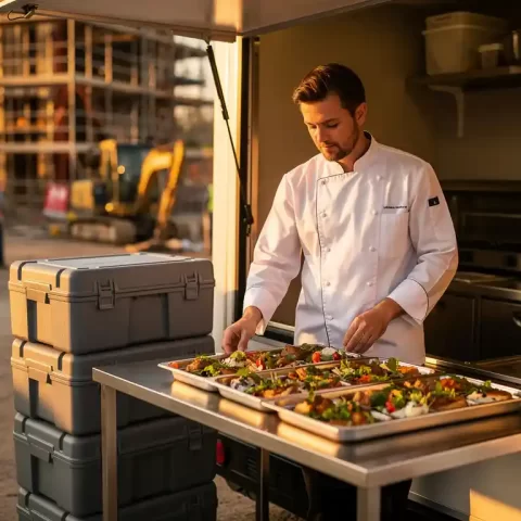 Cateraar in wit uniform bereidt maaltijden op grote schaal in mobiele keuken op bouwplaats, geïsoleerde transportcontainers op de achtergrond.