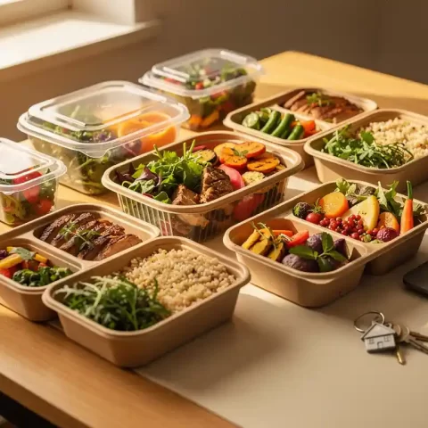 Diverse maaltijdboxen op kantoorbureau, sommige open met verse kleurrijke maaltijden, laptop en sleutels op de achtergrond.
