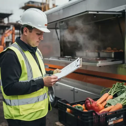 Cateringcoördinator in veiligheidsvest controleert maaltijdtellijst op klembord naast mobiele keuken op bouwplaats.