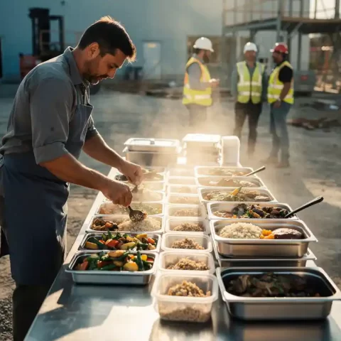 Cateraar portionneert warme maaltijden op roestvrijstalen werktafel bij bouwplaats, met werkploeg op achtergrond in goudkleurig middaglicht.