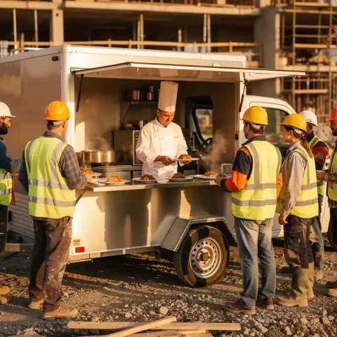 Chef in wit uniform serveert warme maaltijden vanuit een cateringtrailer op een bouwplaats, omringd door arbeiders met helmen.