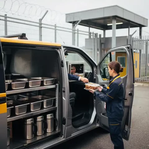 Mobiele cateringwagen bij beveiligde industriële faciliteit, medewerker reikt verzegelde maaltijdcontainer door checkpoint-raam.