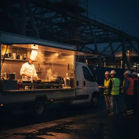 Mobiele cateringtruck op verlaten bouwplaats om 3 uur 's nachts, kok in witte uniform bereidt maaltijden terwijl bouwvakkers wachten.