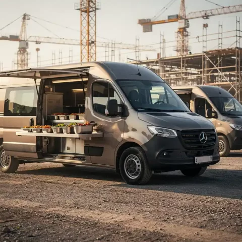 Mobiele cateringwagen met open luik op bouwplaats, tweede identieke wagen rijdt aan op grindweg, maaltijden zichtbaar in gouden middaglicht.