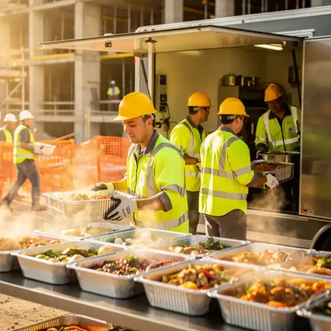 Cateringteam in hesjes lost mobiele keuken bij bouwplaats, dampende maaltijdcontainers op roestvrijstalen werkvlak, bouwhelmen op achtergrond.