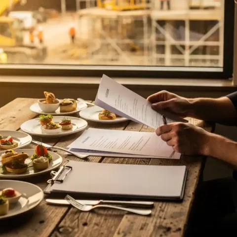Cateringmanager vergelijkt offertes op houten tafel met proefgerechten, bouwplaats zichtbaar op achtergrond.