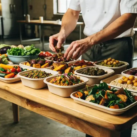 Handen van een chef die een plantaardig lunchbuffet met seizoensgroenten en peulvruchtengerechten schikt op een houten tafel in een moderne bedrijfskantine.