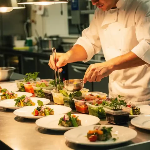 Chef portioneert kleurrijke groenten nauwkeurig op witte borden in een professionele roestvrijstalen keuken.