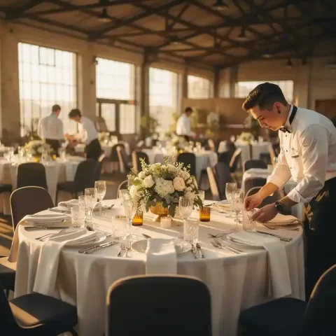Elegant gedekte tafels met witte linnen en bloemstukken in industriële receptieruimte, catering personeel bereidt laatste details voor.