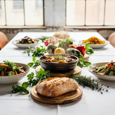 Lange gemeenschappelijke eettafel met zeven seizoensgerechten, verse kruiden, warm brood en dampende stoofpot in natuurlijk daglicht.