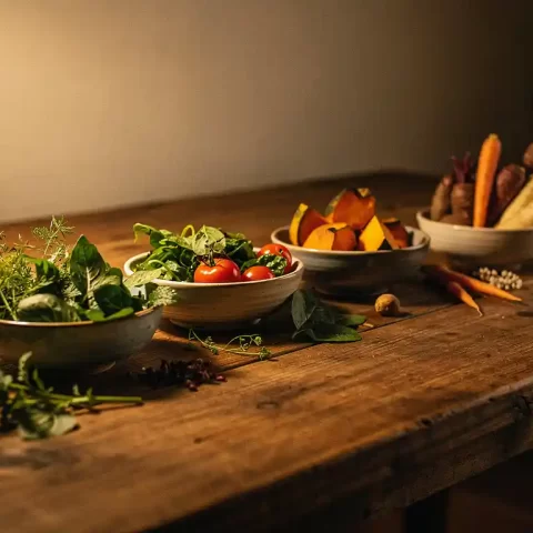 Vier seizoensgebonden gerechten in keramieken schaaltjes op rustieke houten tafel, van lentekruiden tot winterwortels, met warm amberkleurig licht.