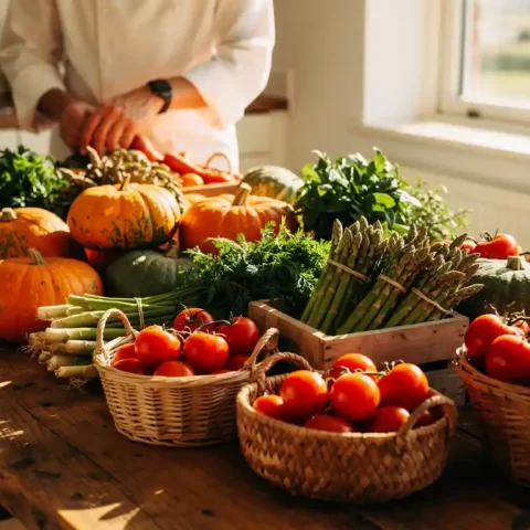 Houten cateringtafel met seizoensgroenten, kruiden en oogstmanden in warm Nederlands kustlicht, chef rangschikt ingrediënten.