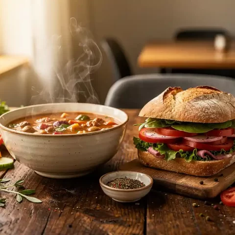 Dampende soep naast een ambachtelijke sandwich op een rustieke houten tafel in een lunchruimte, met verse ingrediënten en warm natuurlijk licht.