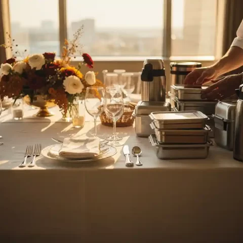 Cateringtafel half opgesteld met elegante glazen en bloemstukken, half met maaltijdcontainers voor bouwvakkers, terwijl een chef de opstelling herschikt in warm middaglicht.