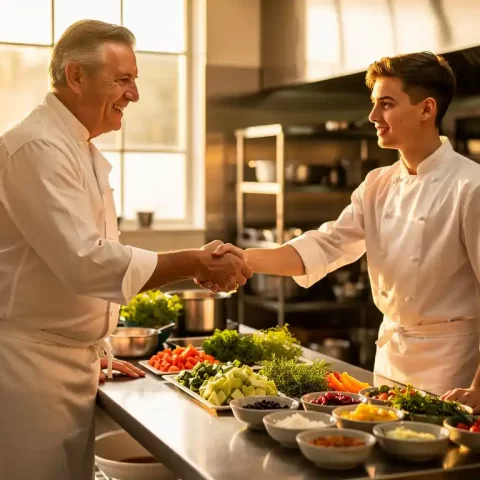 Cateringmanager en nieuwe chef schudden handen bij een mise en place station in een professionele keuken met verse ingrediënten.