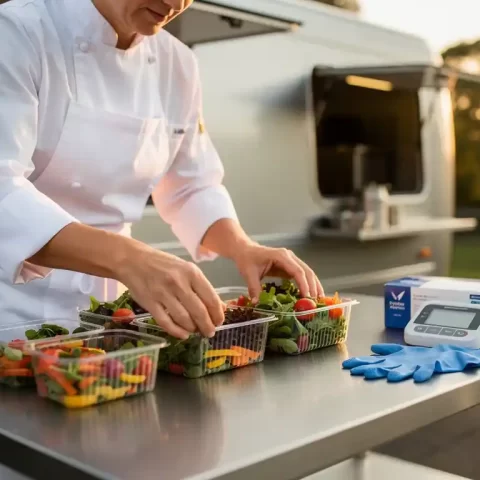Cateraar in witte koksbuis die verse maaltijden verpakt in afgesloten containers op een roestvrijstalen werktafel buiten.