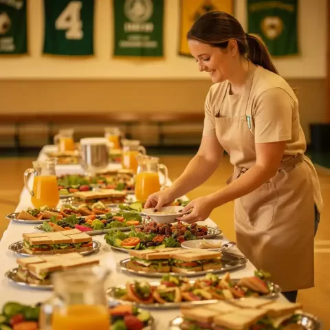 Vrolijke vrijwilliger in schort schikt kleurrijke schalen met sandwiches en serveerbladen op een feesttafel in een gemeenschapssporthal.