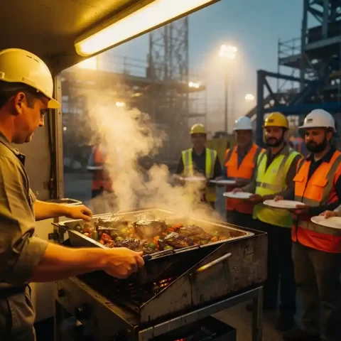 Dampende maaltijden uitgeserveerd vanuit een mobiele keuken op een bouwplaats bij dageraad, arbeiders in hesjes wachten in de rij.