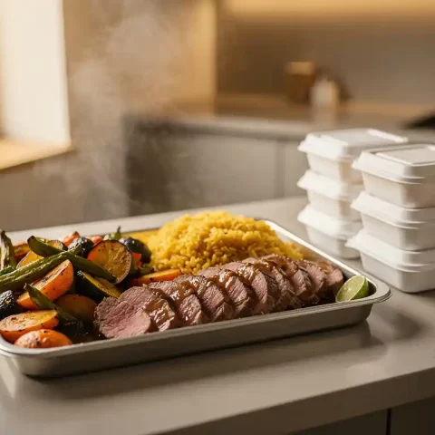 Dampende cateringschaal met geroosterde groenten, vlees en goudgele rijst op een modern kantoorkeukenblad, witte containers ernaast.
