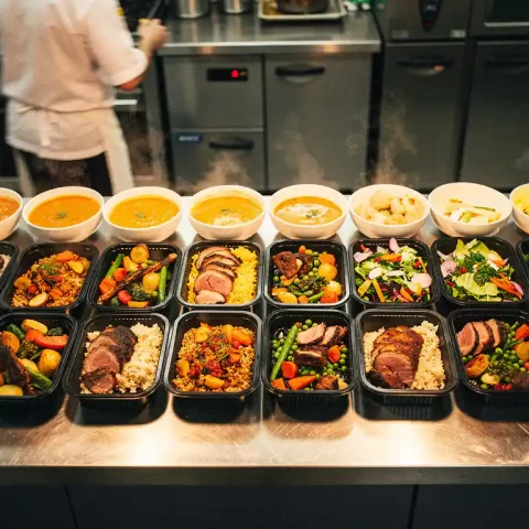 Verse warme lunchmaaltijden in individuele containers op een roestvrijstalen cateringtafel, met dampende soep en kleurrijke salades.