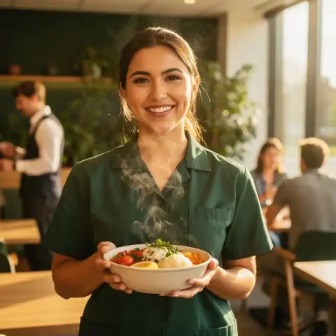 Lachende medewerker met dampende lunchkom in moderne bedrijfskantine, collega's aan houten tafels op de achtergrond.