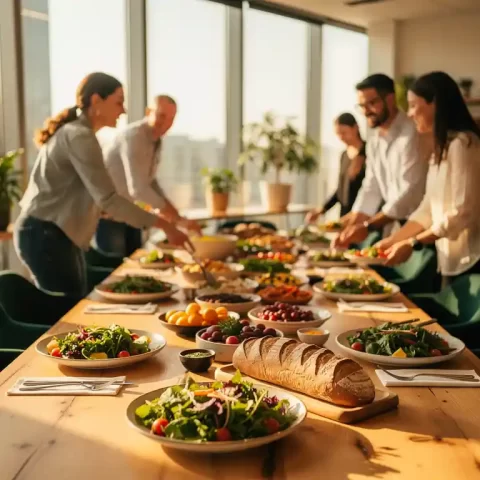 Collega's verzamelen rond een gemeenschappelijke lunch met salades, warm brood en kleurrijke gerechten op een houten tafel in een lichte moderne kantinekeuken.