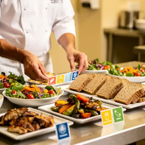 Chef rangschikt kleurgecodeerde allergenenkaartjes naast glutenvrij brood, salades en gelabelde eiwitporties op roestvrijstalen werktafel.