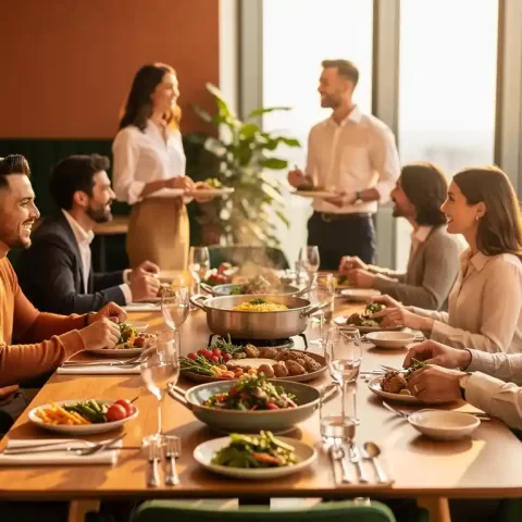 Collega's verzamelen zich rond een zakelijke lunchtafel met dampende gerechten in elegante schalen, warm kantoorrestaurant met gouden middaglicht.