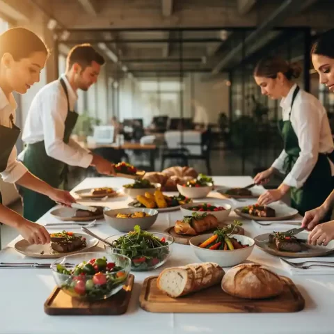 Cateringteam arrangeert een zakelijke lunchtafel met seizoensgerechten in elegante schalen, warme houten accenten en witte linnen.