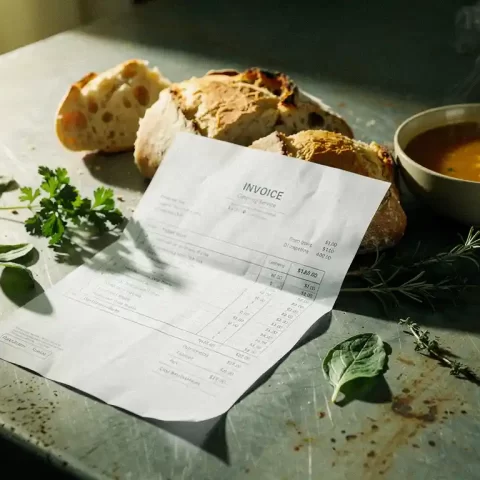 Bedrijfscateringfactuur half verborgen onder vers brood, kruiden en dampende soepkom op een industriële kantinetafel.