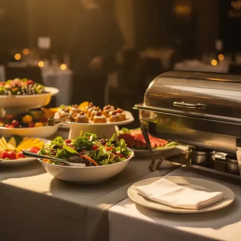 Catering buffettafel half opgemaakt met elegante serveerschalen en vers voedsel, lege kant met gevouwen witte linnen servet.