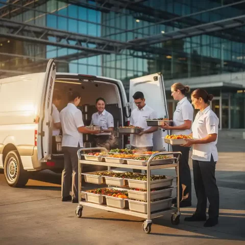 Cateringteam laadt geïsoleerde maaltijdcontainers uit een bestelbus bij een modern kantoorcomplex met glazen gevels.