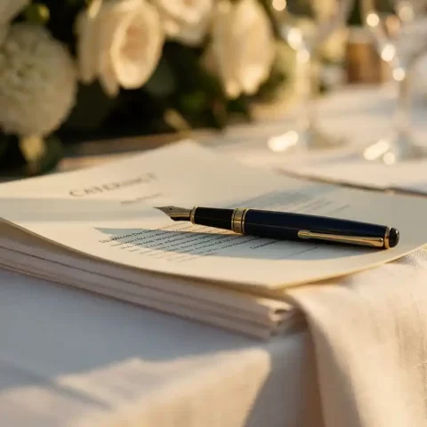 Ondertekend cateringcontract op een linnen tafellaken met vulpen, zachte bloemen en glaswerk op de achtergrond in warm gouden licht.