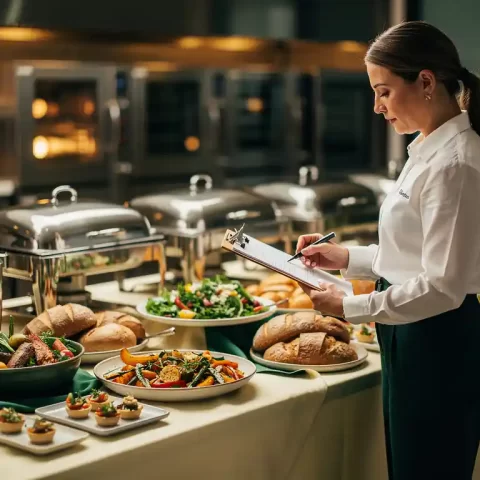 Cateringmanager bekijkt klembord naast een elegant buffet met verse seizoensgebonden ingrediënten en stijlvolle serveerschalen.