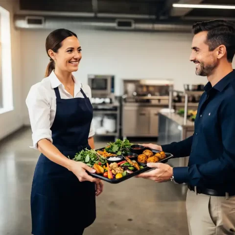 Cateringmanager overhandigt een maaltijdblad met kleurrijke gerechten aan een glimlachende klant in een moderne industriële werkomgeving.